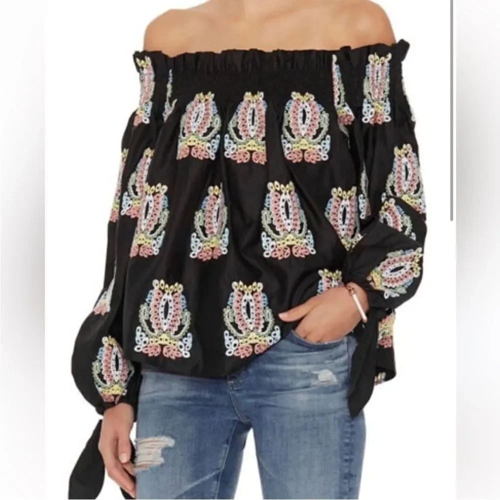 Caroline Constas Lou Embroidered Eyelet Paisley Off Shoulder Top Boho Black, M